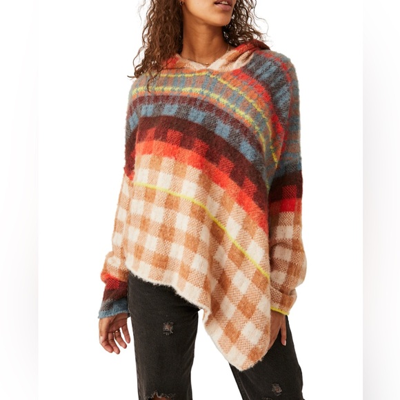 Free People Ainsley Hood Poncho Plaid Asymmetric Hem Apple Cider Size:XS, XL NWT - Picture 11 of 12